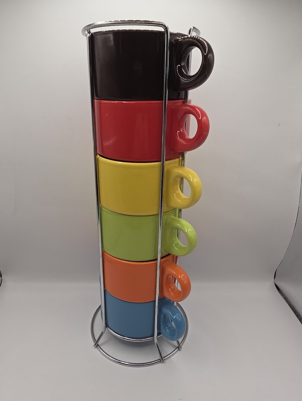 Pier 1 Imports Stacking Coffee Mugs Stoneware 6 Cups Set w Holder Rainbow